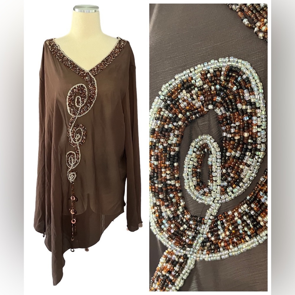 NWT Ashley Stewart Sheer Beaded Asymmetrical Mocha  Tunic Top Sz 3X